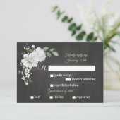 白い花の緑の食事の選択ブラックRSVPカード 出欠カード (スタンド正面)