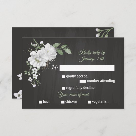 白い花の緑の食事の選択ブラックRSVPカード 出欠カード (正面/裏面)