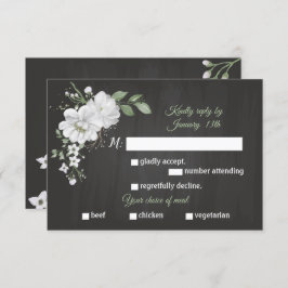 白い花の緑の食事の選択ブラックRSVPカード 出欠カード