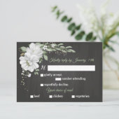 白い花の緑の食事の選択ブラックRSVPカード 出欠カード (スタンド正面)