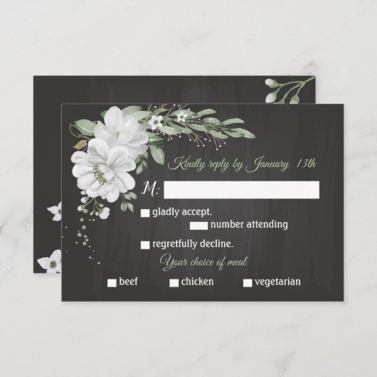 白い花の緑の食事の選択ブラックRSVPカード 出欠カード (正面/裏面)