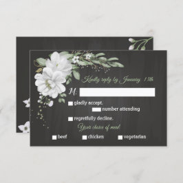 白い花の緑の食事の選択ブラックRSVPカード 出欠カード