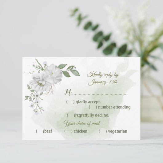 白い花の緑の食事の選択 出欠カード (スタンド正面)