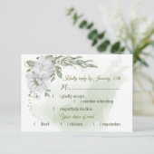 白い花の緑の食事の選択RSVPカード 出欠カード (スタンド正面)