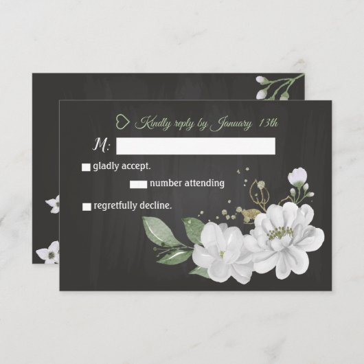 白い花の緑の黒いRSVPカード 出欠カード (正面/裏面)
