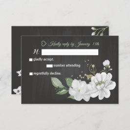 白い花の緑の黒いRSVPカード 出欠カード