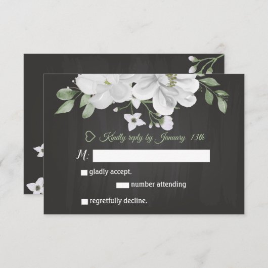 白い花の緑の黒いRSVPカード 出欠カード (正面/裏面)