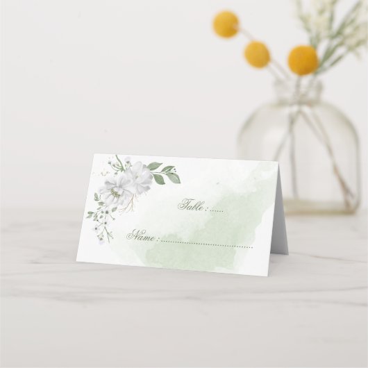 白い花の緑葉の植物 プレイスカード (正面)