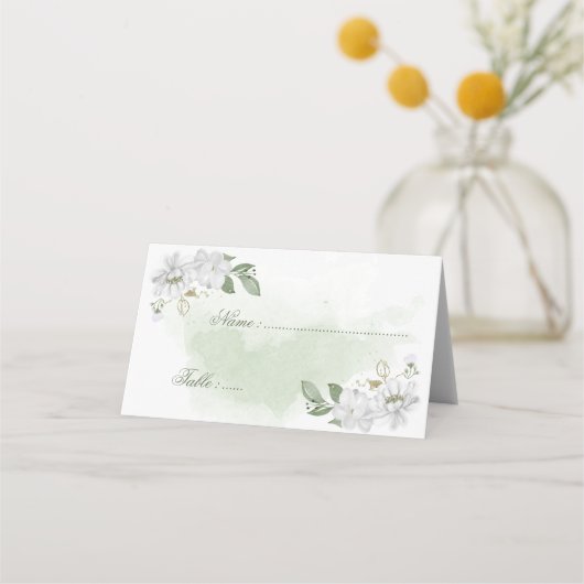 白い花の緑葉の植物 プレイスカード (正面)