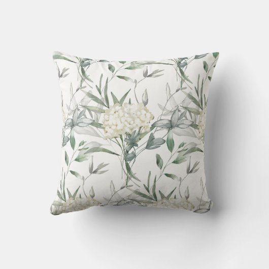 白い花の緑離れの白い背景の枕 クッション (裏面)
