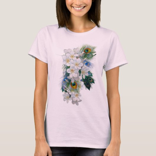 白い花の花束孔雀の羽 Tシャツ (正面)