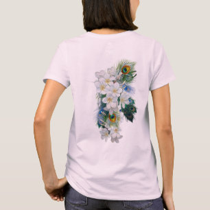 白い花の花束孔雀の羽 Tシャツ