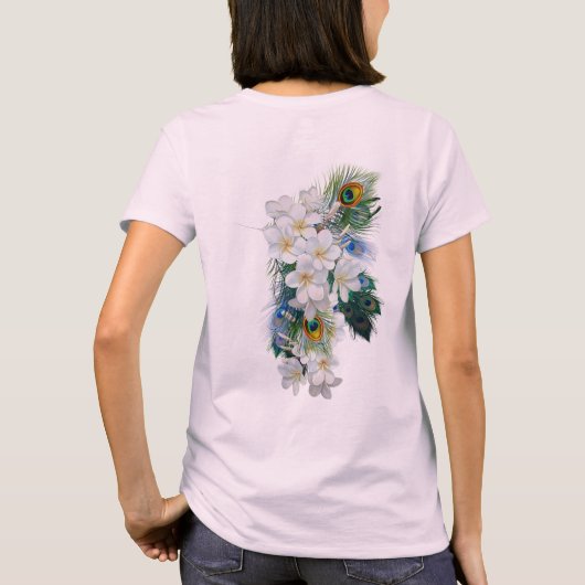 白い花の花束孔雀の羽 Tシャツ (裏面)