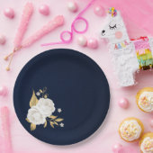 白い花の葉金ゴールドネイビーブルー ペーパープレート (パーティー)