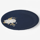 白い花の葉金ゴールドネイビーブルー ペーパープレート (アングル)