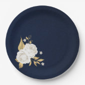 白い花の葉金ゴールドネイビーブルー ペーパープレート (正面)