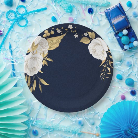 白い花の葉金ゴールドネイビーブルー ペーパープレート (パーティー)