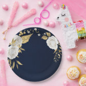 白い花の葉金ゴールドネイビーブルー ペーパープレート (パーティー)