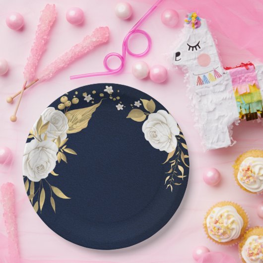 白い花の葉金ゴールドネイビーブルー ペーパープレート (パーティー)