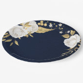白い花の葉金ゴールドネイビーブルー ペーパープレート (アングル)
