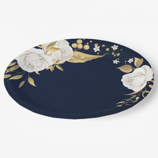 白い花の葉金ゴールドネイビーブルー ペーパープレート (アングル)
