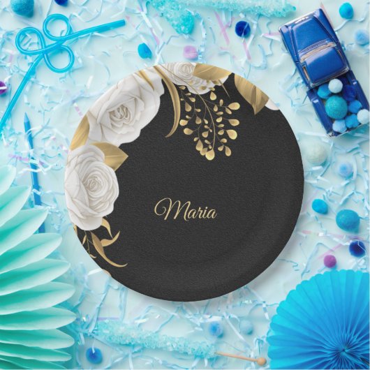 白い花の葉金ゴールド黒 ペーパープレート (パーティー)