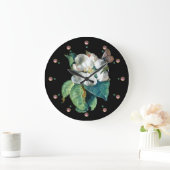白い花の蝶 ブラック フローラル ラージ壁時計 (ホーム)