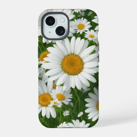 白い花の野原と緑の古典的なデイジーの模様 iPhone 15ケース (裏面)