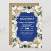 白い花の金ゴールドの紙吹雪のリース海軍結婚式 招待状 (正面/裏面)