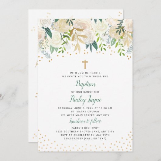 白い花の金ゴールドの紙吹雪の洗礼の招待 招待状 (正面/裏面)
