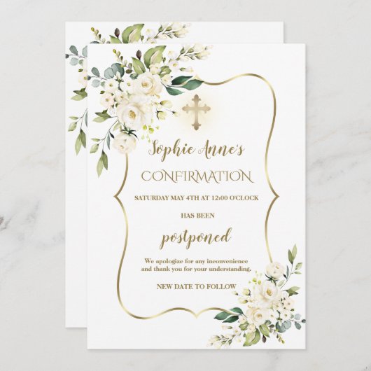 白い花の金ゴールド確認延期された更新 招待状 (正面/裏面)