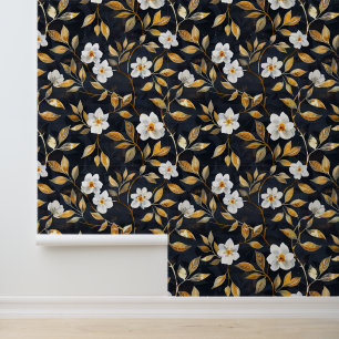 白い花の金ゴールド葉オン黒 壁紙