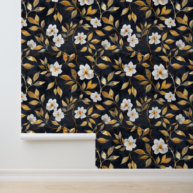 白い花の金ゴールド葉オン黒 壁紙 (アプリケーション)