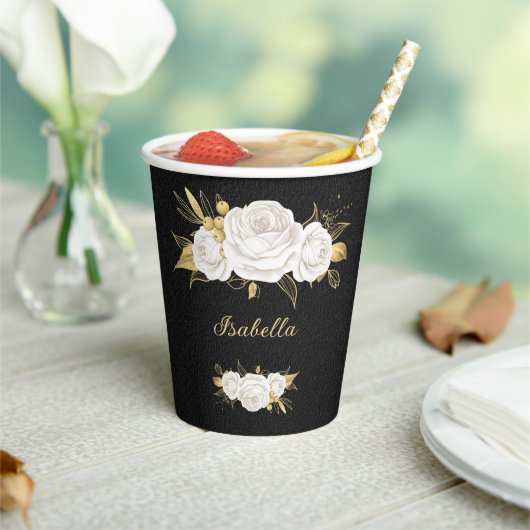 白い花の離れ金ゴールド黒 紙コップ (インサイチュ)