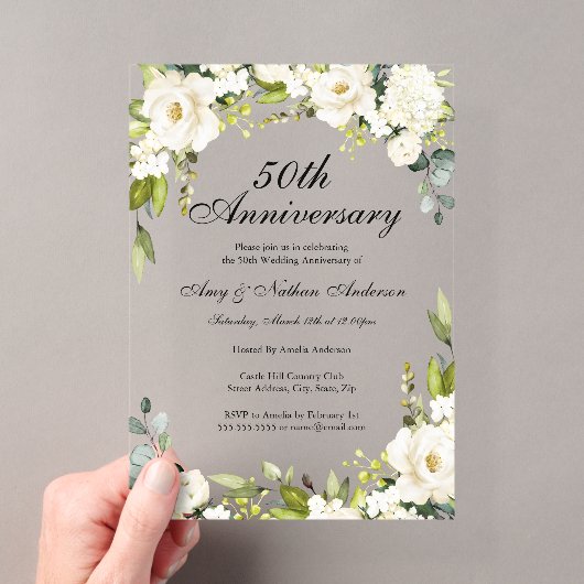 白い花の50周年結婚記念 アクリル招待状 (インサイチュ (ポータブル))