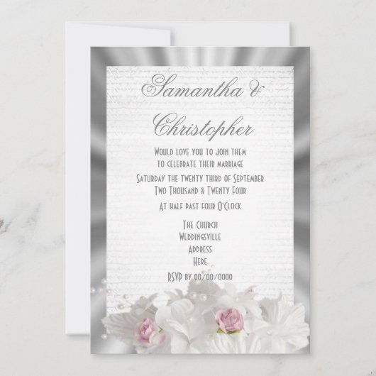 白い花は、白い花は白い灰色の結婚上にピンクのバラ 招待状 (正面)