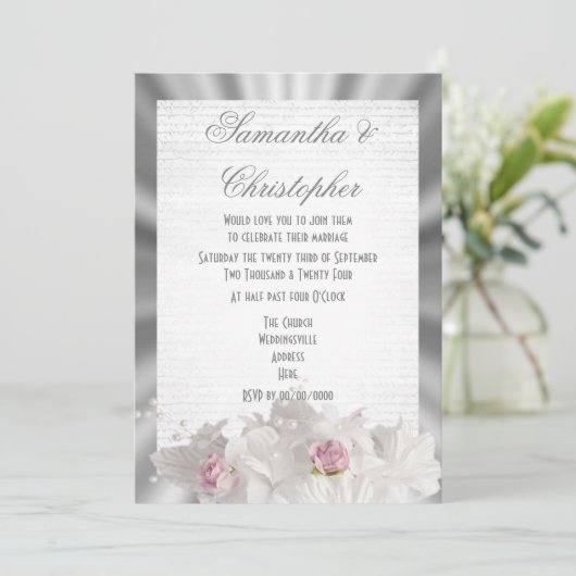 白い花は、白い花は白い灰色の結婚上にピンクのバラ 招待状 (スタンド正面)