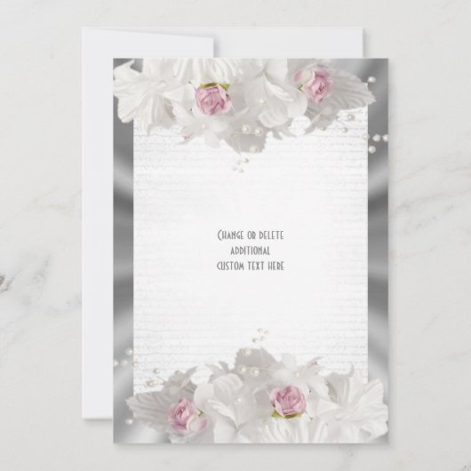 白い花は、白い花は白い灰色の結婚上にピンクのバラ 招待状 (裏面)