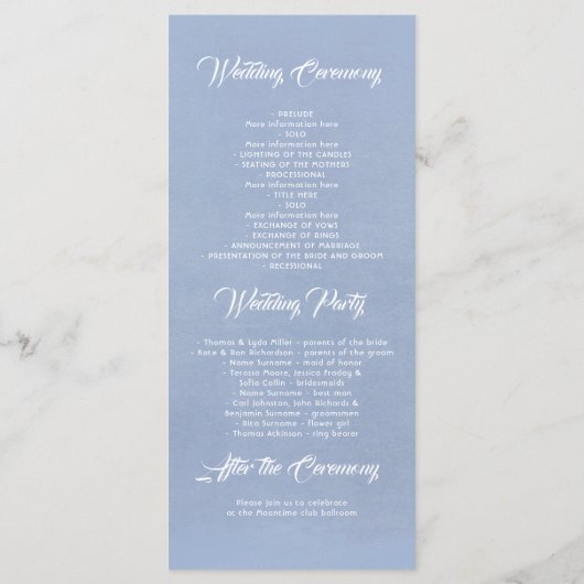白い花ほこりっぽい青のエレガントな結婚式のプログラム プログラム (裏面)