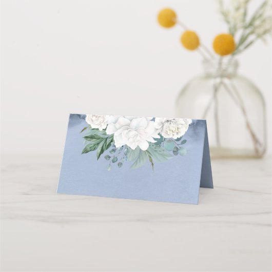 白い花ほこりっぽい青エレガント プレイスカード (裏面)