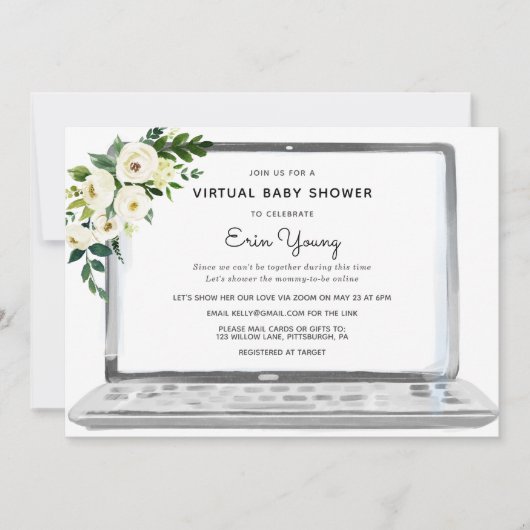 白い花を使用した仮想ベビーシャワーノートパソコン 招待状 (正面)
