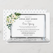 白い花を使用した仮想ベビーシャワーノートパソコン 招待状 (正面/裏面)