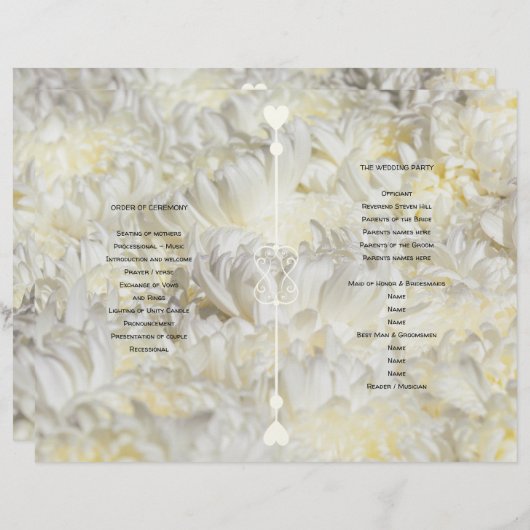 白い花を折り畳んだ結婚式 プログラムテンプレート (正面/裏面)