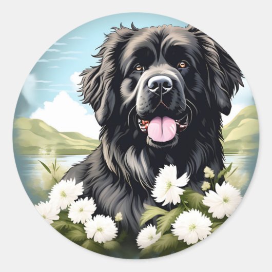 白い花を持つニューファンドランド犬 ラウンドシール (正面)