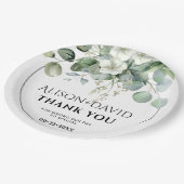 白い花を持つユーカリタイポグラフィ結婚の ペーパープレート (アングル)