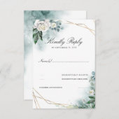 白い花エレガント金ゴールドフレーム結婚式RSVP 出欠カード (正面/裏面)