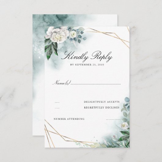 白い花エレガント金ゴールドフレーム結婚式RSVP 出欠カード (正面/裏面)