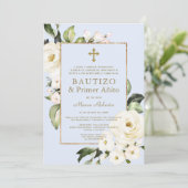 白い花スペインの男の子1歳の誕生日バプテスマ 招待状 (スタンド正面)