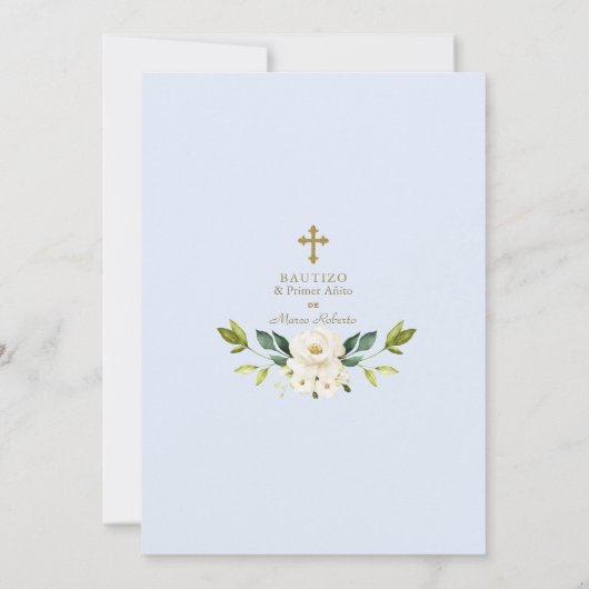 白い花スペインの男の子1歳の誕生日バプテスマ 招待状 (裏面)