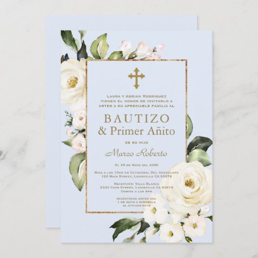 白い花スペインの男の子1歳の誕生日バプテスマ 招待状 (正面/裏面)